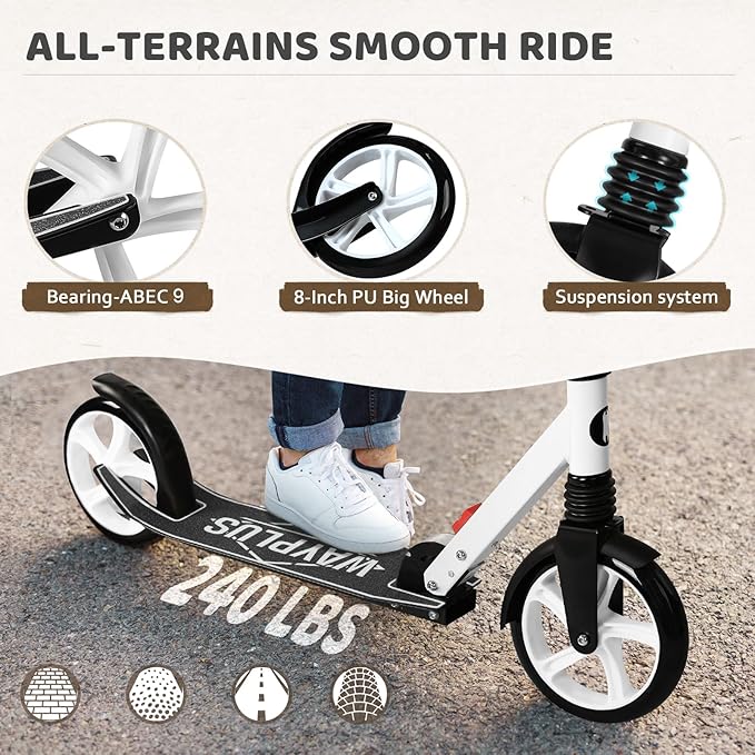 Kick Scooter for Ages 6+,Kid, Teens & Adults. Max Load 240 LBS. Foldable, Lightweight, 8IN Big Wheels for Kids, Teen and Adults, 4 Adjustable Levels. Bearing ABEC9