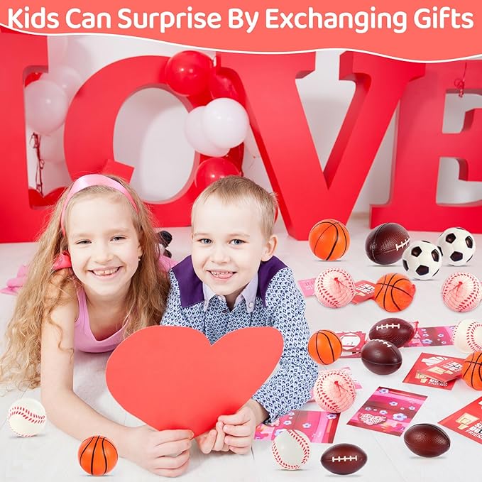 LiYiQ 28Pcs Valentines Day Gifts Cards with Basketball Soccer Football Baseball Stress Ball for Kids 2.36 Inch Sports Stress Balls Foam Bouncy Balls Ideal Valentine Gifts for Kids Classroom Exchange