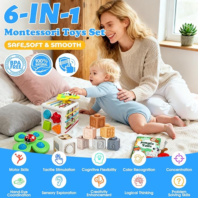 6 in 1 montessori baby toys for 6-36 months old-incl Busy Cube,stacking cups,Shape Sorting Bin,baby blocks,crinkle books, suction cups spinners,Sorting Learning Sensory Toys Gift for Babies Aged 1-3