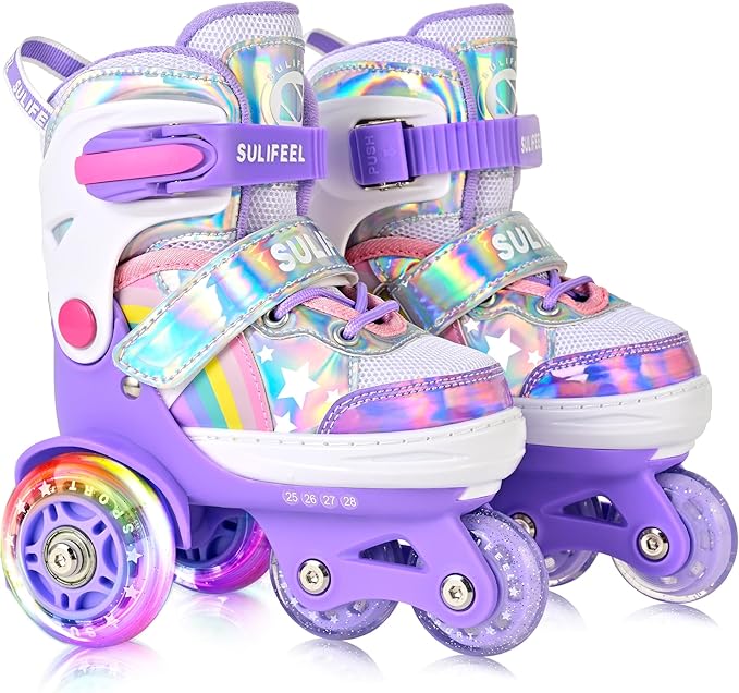 SULIFEEL Rainbow Unicorn 4 Size Adjustable Light up Roller Skates for Girls Boys for Kids