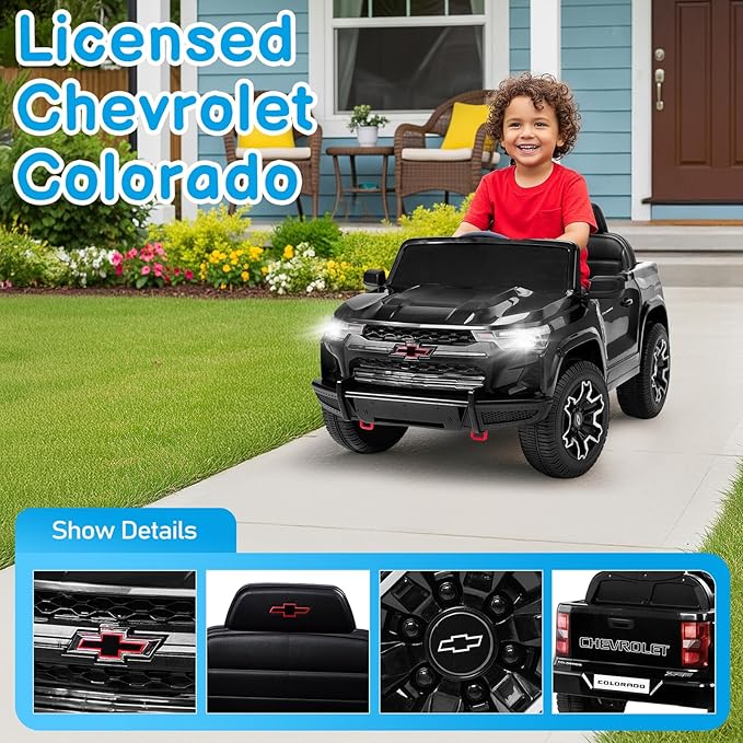 Winado Licensed Chevrolet Colorado Electric Car for Kids, 12V Ride on Toys for Toddlers with Remote Control, Battery Powered Electric Car Ride On Vehicle w/Bluetooth, Soft Start, LED Lights - Black