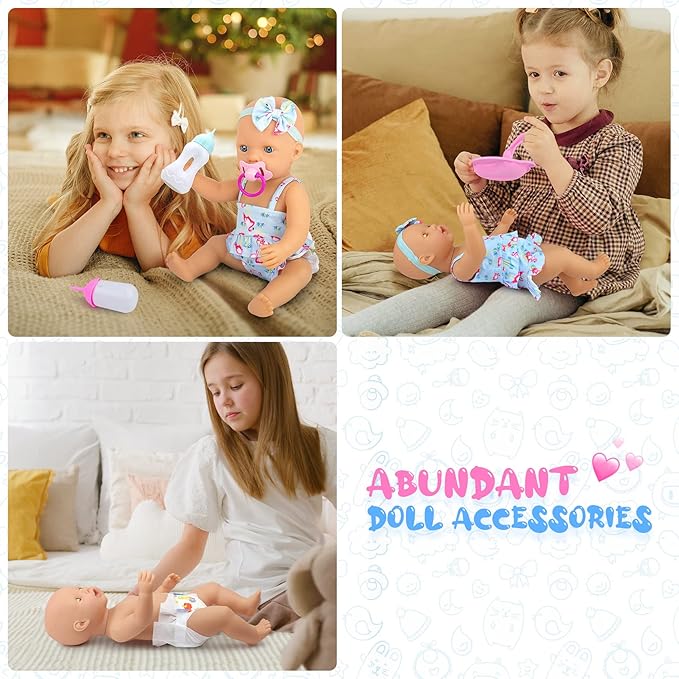 UNICORN ELEMENT 8 Pcs Baby Doll Clothes and Accessories, Baby Feeding and Caring Set with Doll Diaper Bag, Clothes, Diapers, Bottles, Pacifier, Swimsuits,Best Gift for Kids
