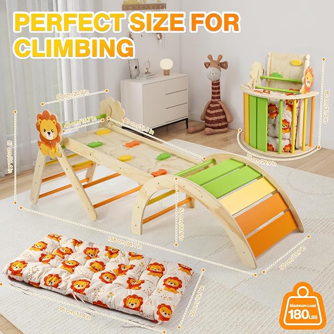 Pikler Triangle Set with Cushion, 7 in 1 Toddler Climbing Toys Indoor, Montessori Foldable Climbing Set, Wooden Climbing Toys for Toddlers Inside with Ramp, Arch and Ladder (Lion)
