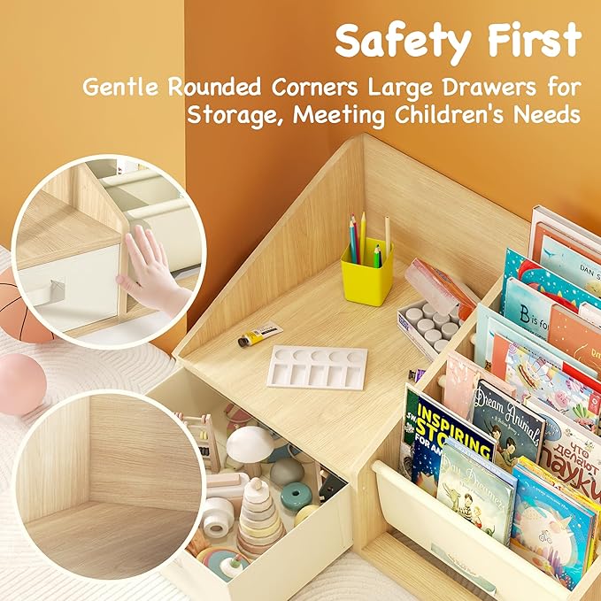 FKWin Kids Bookshelf with Seat - Forward-Facing Book Shelf for Kids Rooms,Nursery Bookcase with 5-Tier Montessori Shelf,Wooden