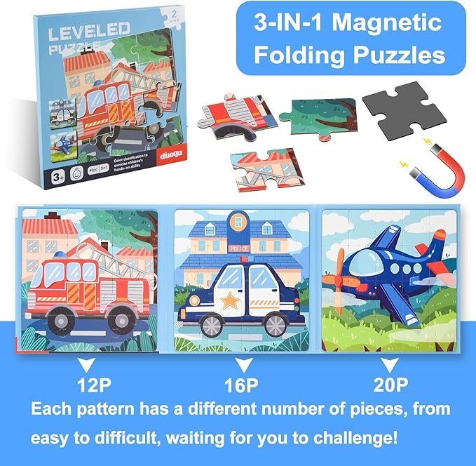 ASTARON Magnetic Puzzles for Toddlers, 12-16-20 Pieces Vehicle Learning Magnet Puzzles for Road Trip, Educational Travel Toys Car Plane Activities for Kids, Kids Birthday Gifts