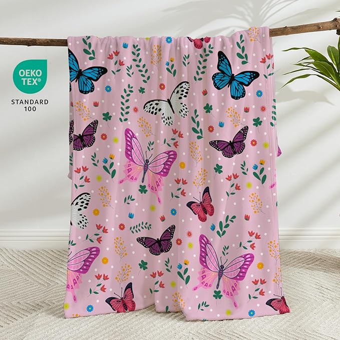 Wajade Butterfly Throw Blanket for Girls Teens Women Pink Soft Fuzzy Flannel Bed Blanket for Couch Sofa Bedroom Plush Colorful Flowers Blankets 60”x80”