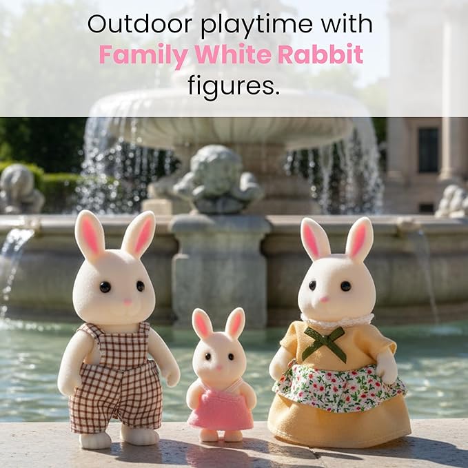 Family White Rabbit Figures — Set of 3 Collectible Flocked Mini Dolls with Removable Clothes, Miniature Dollhouse Pretend Play Figures for Kids Ages 3+