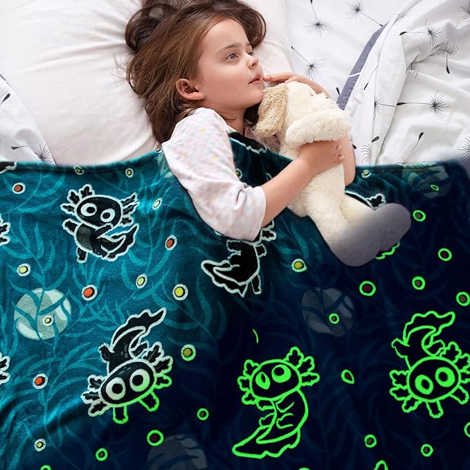 Axolotl Blanket Kids Glow in The Dark Blanket Axolotl Gifts for Teens Girls Boys Cute Animal Salamander Toys Throw Blankets Soft Fleece Bedding Blankets