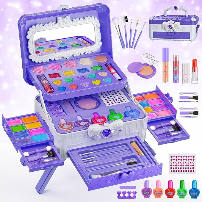 Kids Makeup Sets for Girls - Washable Makeup Toys with Mirror, Real Dressing Table with Stand Princess Pretend Makeup Sets for Ages 3 4 5 6 7 8-12 Year Old Girls Birthday & Christmas