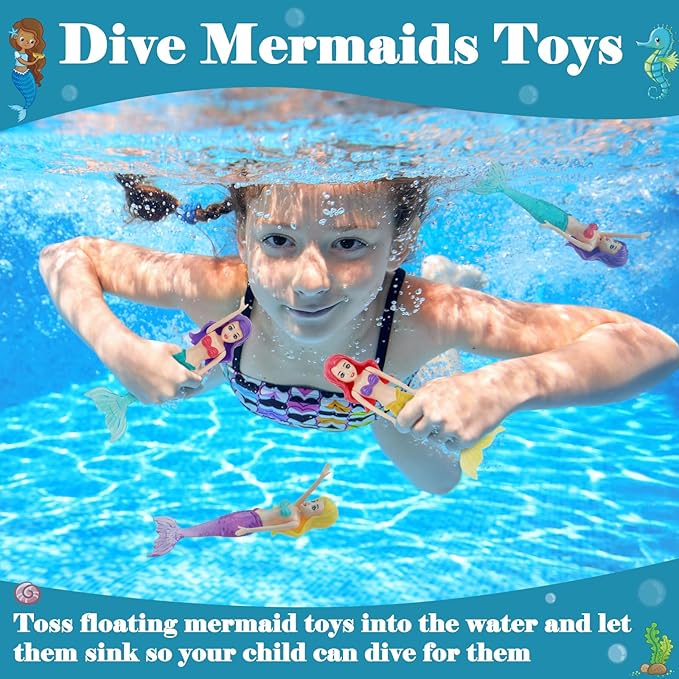 10 Pack Colorful Mermaid Diving Toys Underwater Sinking Pool Toys for Toddlers Kids Girls Ages 3-12, Summer and Spring Fun Bath & Swimming Pool Games, Non-Repeating Styles (White)