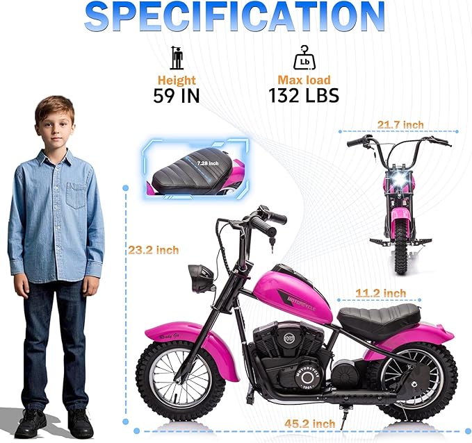 24V 9AH Electric Dirt Bike for Kids, 250W Strong Motor 13.6MPH Fast Speed Electric Retro Off-Road Motorcycle, Leather Seat Dirt Bike, LED Lights, Air-Filled Tires, Pink