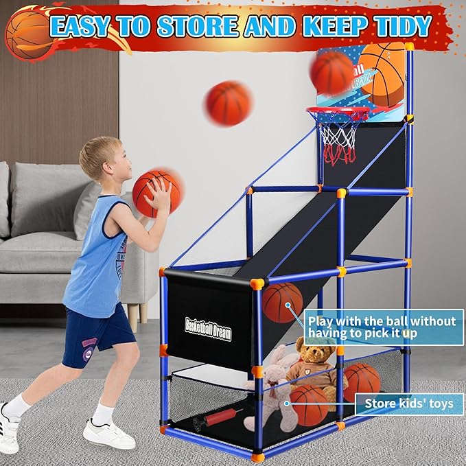 Arcade Basketball Game Set for Kids, Boy Toys Basketball Hoop with 4 Balls for 3 to 12 Years Old, Adjustable Height w/Pump & Storage Net for Kids Indoor Outdoor Sports Play, Christmas Birthday Gifts