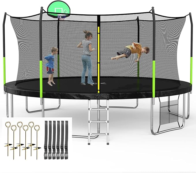 SKOK Trampoline 8FT 10FT 12FT 14FT 15FT Trampolines with Enclosure Net, 400LBS Outdoor Trampolines for Kids with Basketball Hoop-ASTM Approved Trampoline for Children and Adults with Ladder