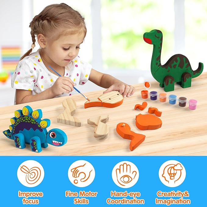 Mocoosy Wooden Dinosaur Painting Art and Craft Kit for Kids 3-5, Build & Decorate Your Own Dinos with Paint and Stickers, Wood Dinosaur T-Rex STEM Game Montessoi Toys Educational Gift for Boys Girls