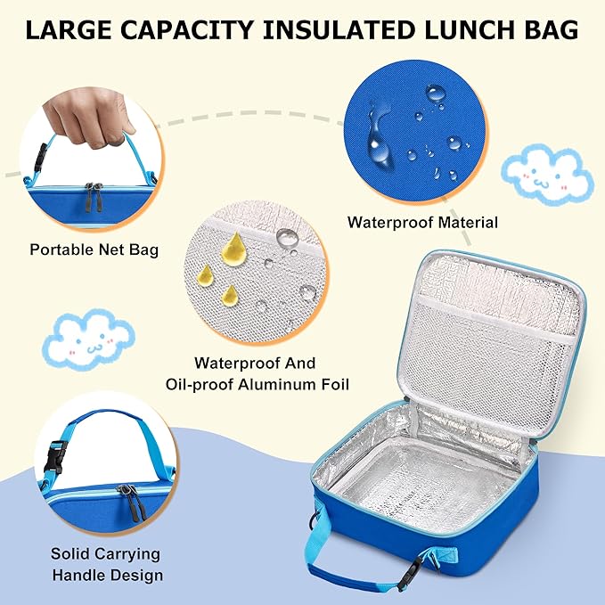 Bento Lunch Box for Kids with Thermos, Leakproof Bento Box with 8oz Insulated Food Jar, Insulated Bottle, Lunch Bag, BPA Free Dishwasher Safe 4 Compartment Container for School Girls Boys (Blue)