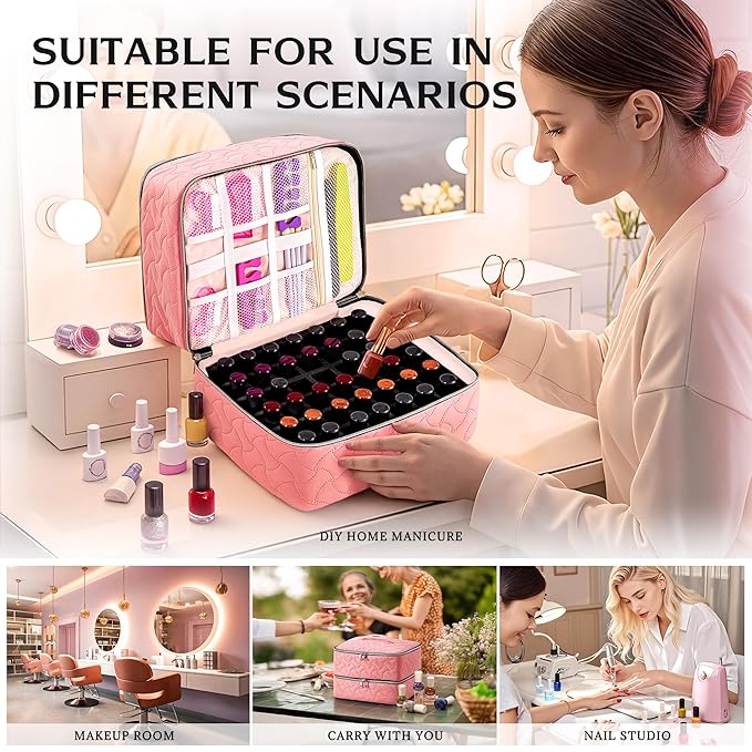DreamGenius Nail Polish Organizer Case Holds 42 Bottles, Portable Double-Layer Nail Polish Storage Bag with Adjustable Dividers for Manicure Tools, Pink