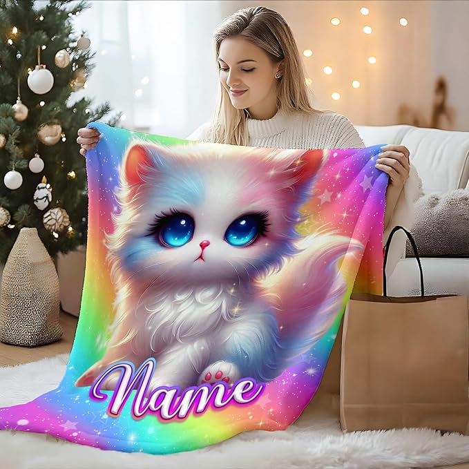 Girls Blanket Personalized Cat Stuff Throws Gifts for Kids Teens Age 8-12, 50x60 Inches Custom Comfy Soft Cozy Throw for Couch Bedroom Outdoors Home Decorations