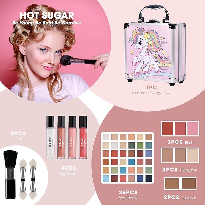 Hot Sugar Girls Makeup Kit Age 4-6 7-8 10-12, Little Girl Makeup Set, Makeup Kit for Teenagers 13-15 Includes Eyeshadow Lip Gloss Blush Highlighter Contour Brush (Pink Unicorn)