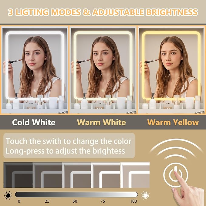 Vanity Desk with Mirror and Lights, Pink Makeup Vanity Table with 3 Modes & Adjustable Brightness, Glass Cabinets, Drawers, Outlet, Modern Dressing Table for Bedroom, Girls, Women, Teens