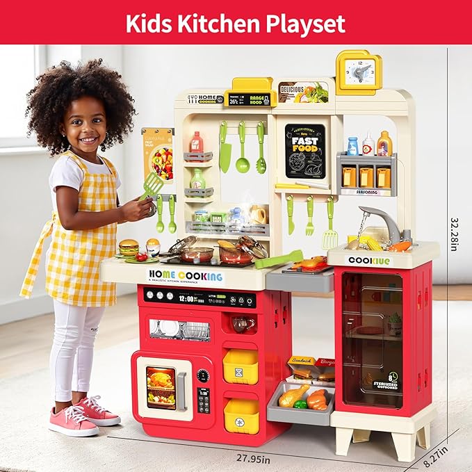 Kids Kitchen Playset, Play Kitchen with Stove, Grill, Sink, Play Food, ToyKitchen Accessories, Cooking Kitchen with Lights Sound Steam, Pretend Play Toys for Kids Toddler