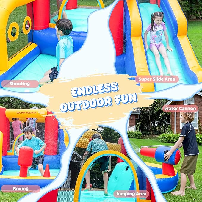 Doctor Dolphin Inflatable Bounce House with Air Blower, Bouncy Castle for Toddlers, Kids Jumping and Slide Castle for Indoor & Outdoor