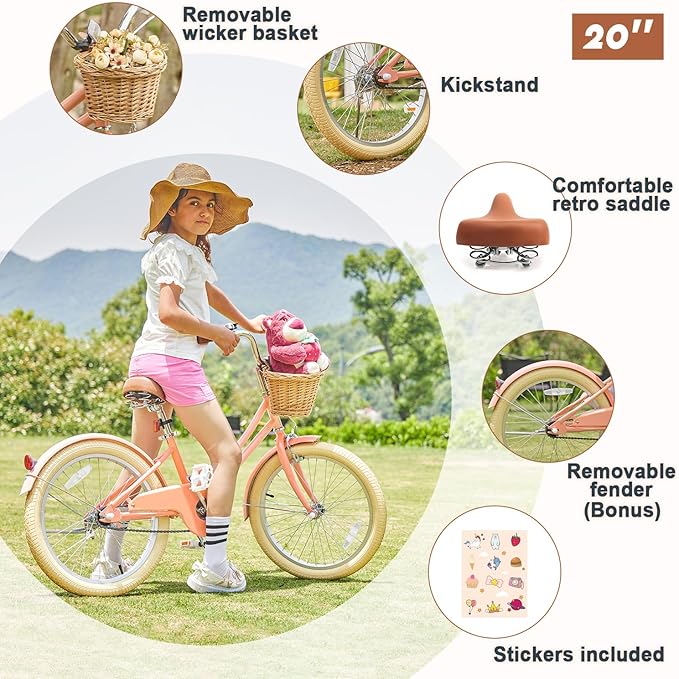 Glerc Little Molly 12-20 Inch Kids Retro Cruiser Bike for 2-13 Year Old with Wicker Basket & Training Wheels/Kickstand, Multiple Colors