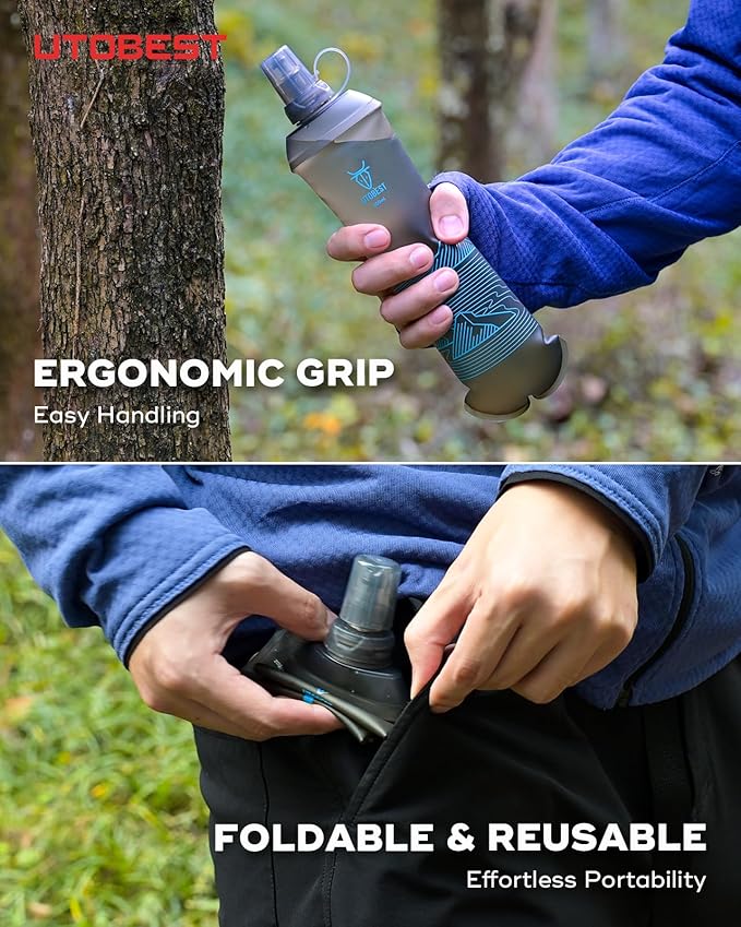 UTOBEST 500ml Soft Flask, 2 Pack Flexible TPU Hydration Water Bottle, Collapsible with 28mm Caliber for Running, Hiking, Cycling, Climbing, and Marathon Blue