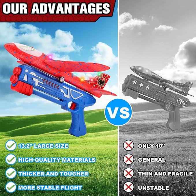 Fuwidvia 3 Pack Airplane Launcher Toys, 13.2'' Spider LED Foam Glider Catapult Plane Toy for Boys, 2 Flight Modes Outdoor Flying Toys Birthday Gifts for Boys Girls 4 5 6 7 8 9 10 11 12 Year Old