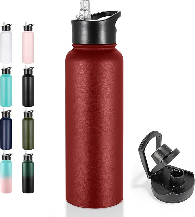 VEGOND 40 oz Insulated Water Bottle Stainless Steel Metal Water Bottles with Leak Proof Straw Lid & Spout Lid, Wide Mouth Double Walled Vacuum Travel Sports Bottle, Red
