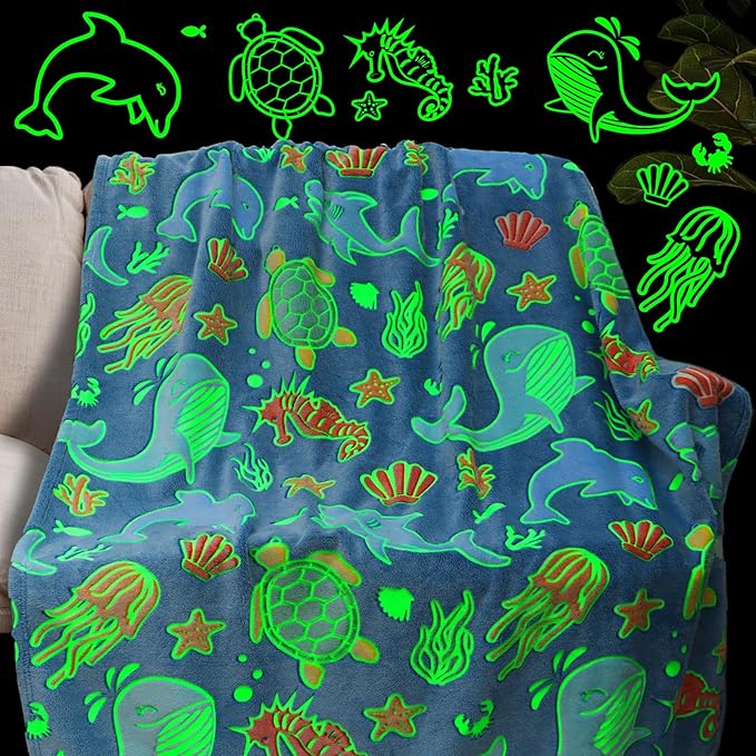 Gifts for Boys Ocean Glow in The Dark Blanket for Girls Kids Turtle Fish Soft Throw Blanket for Couch Bed Birthday Christmas 50" x 60"