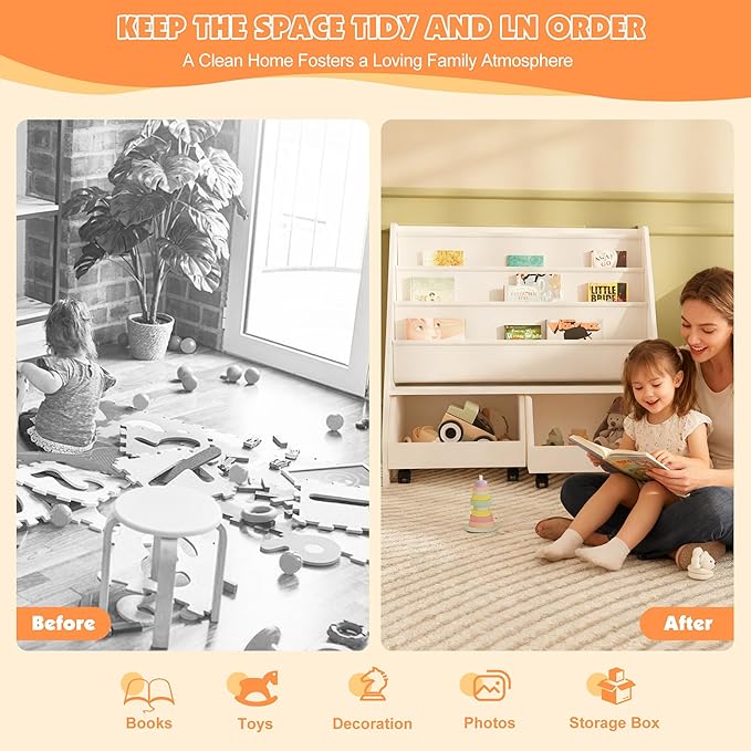 Kids Bookshelf with Two Movable Drawers Toddler Bookcase with Toy Storage Organizer Child Sling Book Rack Baby Cabinet Chest with Wheels for Nursery,Playroom,Bedroom,Living Room,Classroom