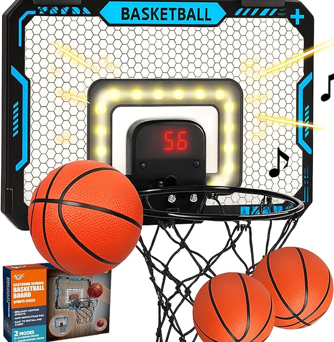 BATURU Mini Basketball Hoop Indoor for Kids – Over The Door Basketball Hoop with LED Scoreboard, Lights, Sound – Sports Gifts Toys for Boys Ages 5-12