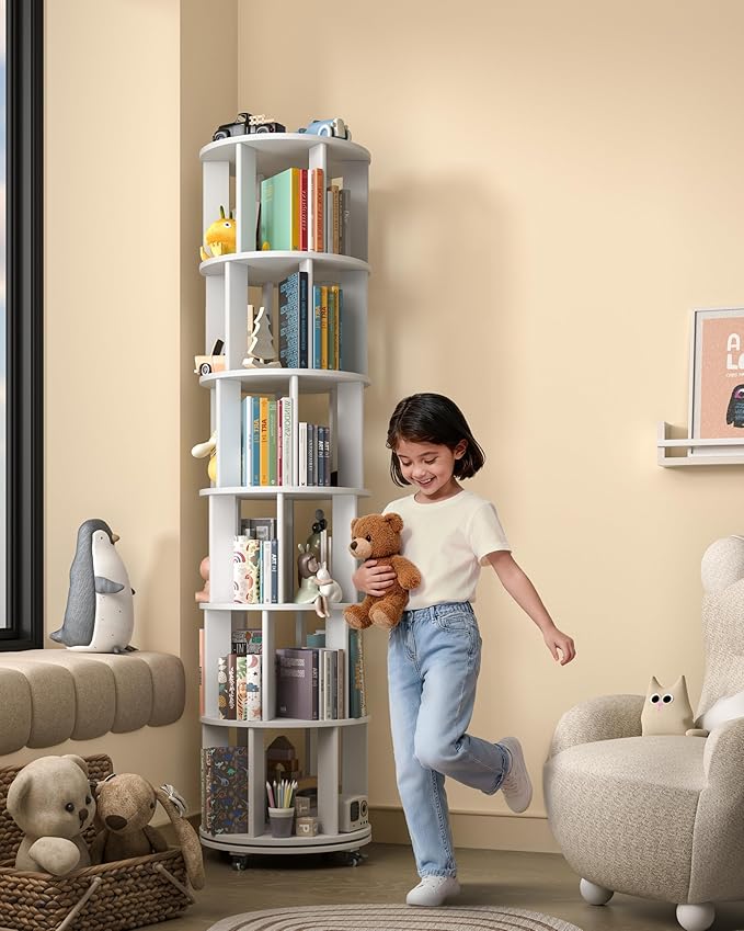 6-Tier Solid Wood Rotating Bookshelf on Wheels, 360° Spinning Book Shelf Tower, Round Revolving Bookcase Organizer, Rolling Bookshelves for Small Spaces, Corner, Bedroom, Kids Room, Office, White