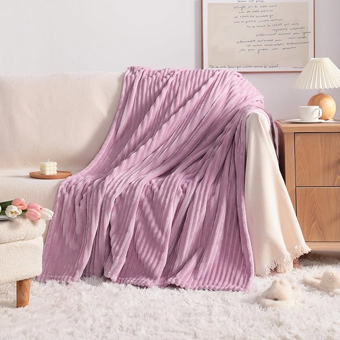 NTBAY Plush Flannel Oversized Baby Blanket, 50X60 Inches Soft and Warm Toddler Blanket with Striped Texture Nursery Bed Blanket for Stroller, Crib, Travel, Baby Gift, 50"x60", Light Purple