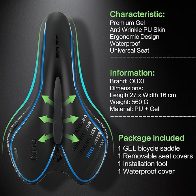OUXI Comfort Bike Seat Comfortable Gel Bicycle Saddle Replacement Soft Padded with Shock Absorbing Waterproof for MTB Mountain Bike Road Bike Exercise Bike Men Women and Ladies