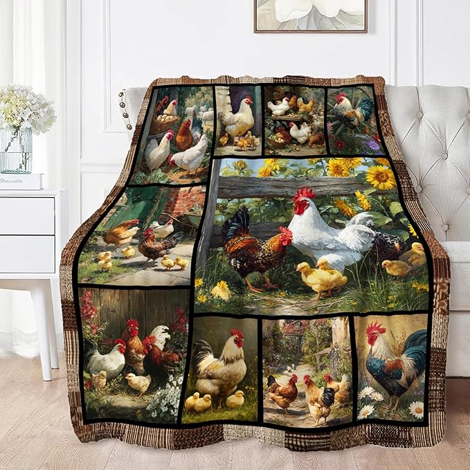 Farmhouse Rooster Throw Blanket Ultra Soft Farm Country Chicken Flannel Blanket Lightweight Cozy Blankets Gift for Women Men Couch Sofa Bed 50" x 40"