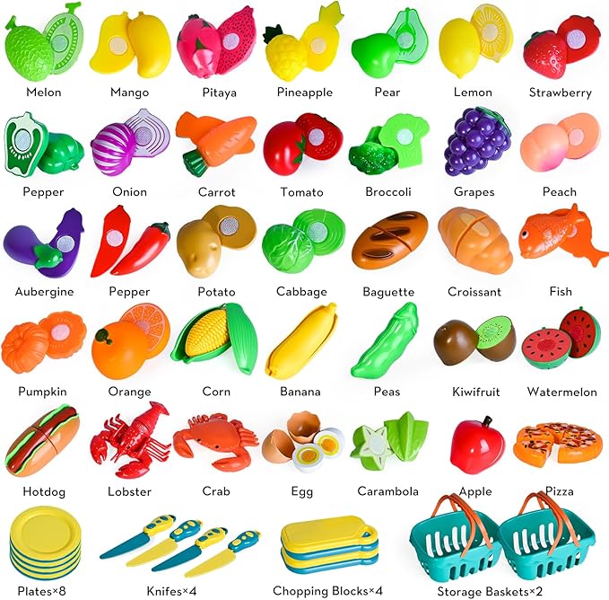 100 PCS Cutting Play Food Toy for Kids Kitchen, Pretend Food Toys for Toddlers, Play Kitchen Toys Accessories with 2 Baskets, Fake Food/Fruit/Vegetable, Birthday Gifts for 3 4 5 Years Old Boys Girls