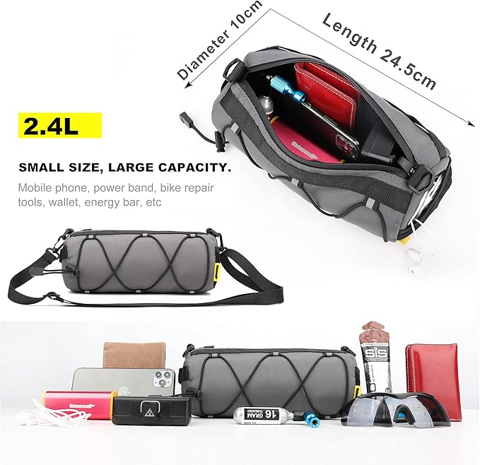 Bike Handlebar Bag Front Bike Bag 2.4Lbicycle handlebar bag with Shoulder Strap for Folding Road Mountain Bike (Gray)