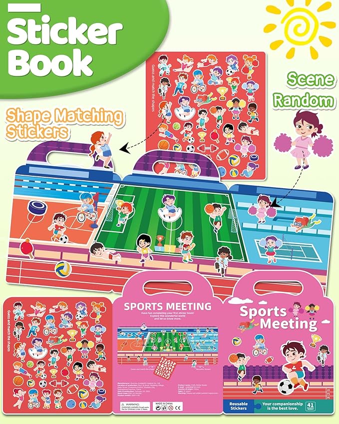 Benresive Reusable Sticker Book for Toddlers 2-4 Years, Fun Travel Stickers for Kids, Waterproof Sticker Books for Toddlers 1-3, Crafts Activities for Toddler 1-3 2-4 3-5 - Sports