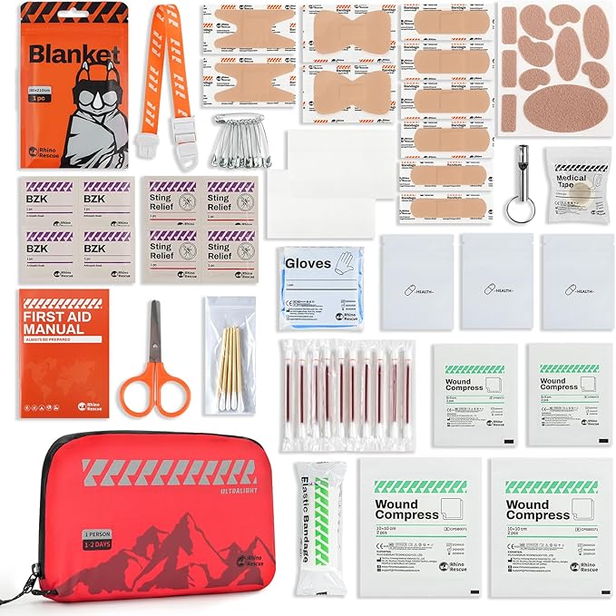 RHINO RESCUE Small First Aid Kit Ultralight Water-Resistent Medical Kit for Hiking, Backpacking, Cycling, Travel, Vehicles