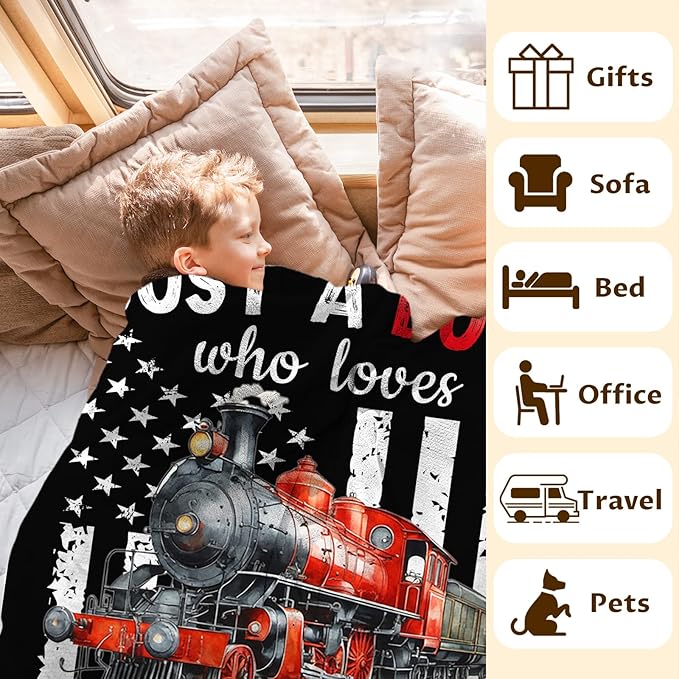 Personalized Train Blanket for Boys - Cute Throw Blanket Gifts for Kids Cars Lovers - Custom 40x50 Inches Black Soft Car Blankets for Sofa Couch - Trains Stuff Bedroom Decor
