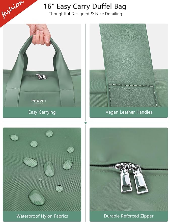 Compact Sports Gym Bag for Women, Cute Mini Duffle Bag with Wet Pocket & Shoes Compartment, Personal Item Travel Workout Bag, 16"-Small, Green