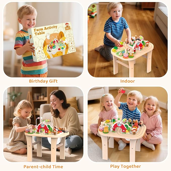 Activity Table for 1 Year Old, Baby Wooden Sensory Table with Bead Maze Shape Sorter Train Track for Toddler, Farm Montessori Toy Activity Center Educational Learning Toys for Kid 12+ Months (Natural)