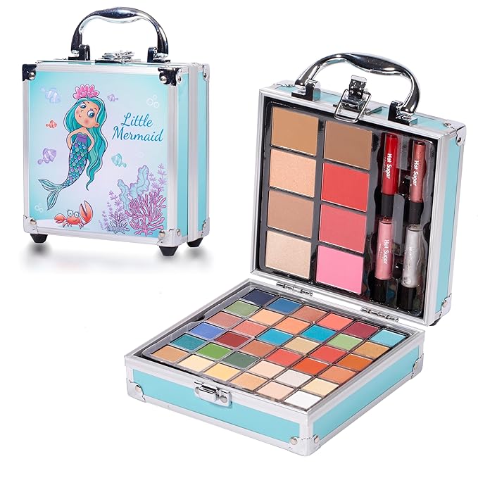 Hot Sugar Girls Makeup Kit Age 4-6 7-8 10-12, Little Girl Makeup Set, Makeup Kit for Teenagers 13-15 Includes Eyeshadow Lip Gloss Blush Highlighter Contour Brush (Blue Mermaid)
