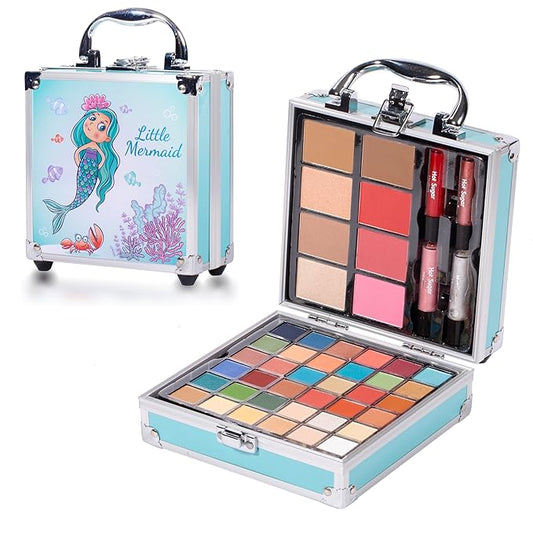 Hot Sugar Girls Makeup Kit Age 4-6 7-8 10-12, Little Girl Makeup Set, Makeup Kit for Teenagers 13-15 Includes Eyeshadow Lip Gloss Blush Highlighter Contour Brush (Blue Mermaid)