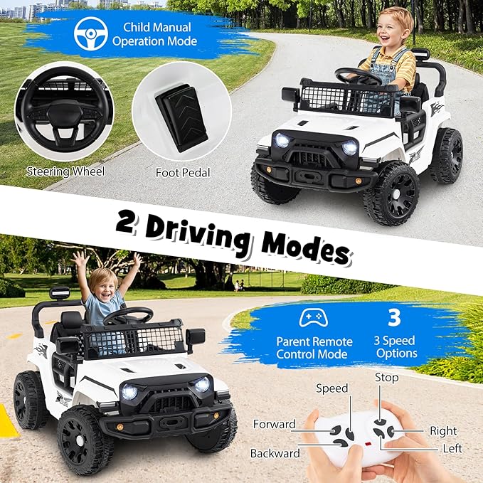 Costzon Kids Ride on Car Truck, 12V Electric Vehicle w/Foldable Mirrors, 3 Speeds, LED Lights, Music & Horn, Ride on Toys Remote Control Car for Toddlers, Boys & Girls (White,34" × 23" × 21")