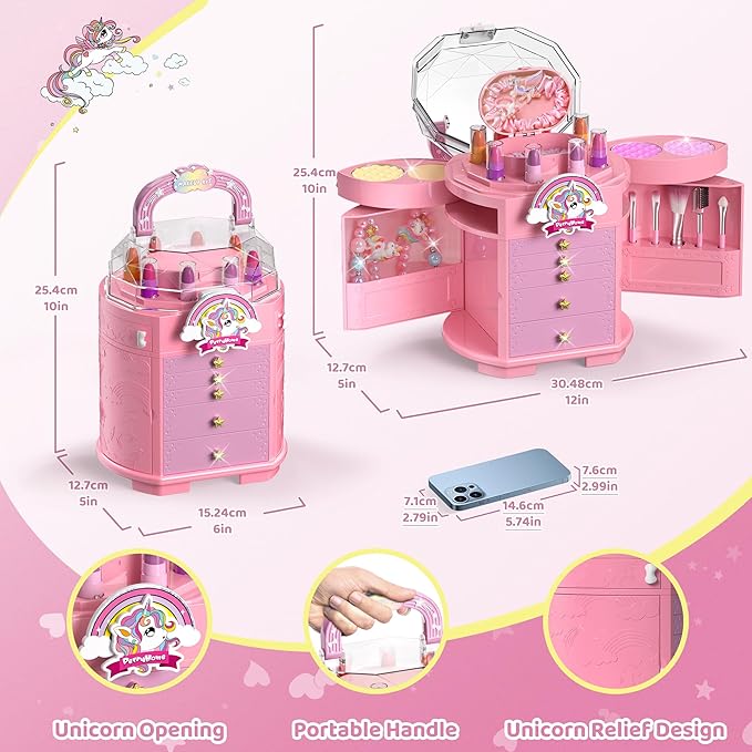PERRYHOME Kids Makeup Set for Girls, 63 Pcs Washable Non-Toxic Real Cosmetic Toddler Makeup Kit, Unicorn Princess Play Makeup Toys Birthday Gifts, Dress up Time Girl Toys for 3 4 5 6 7 8 9 10 11 12