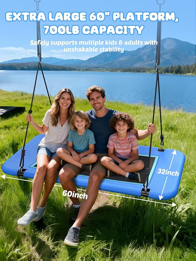 Trekassy 60" Extra Large Rectangle Tree Swing - Heavy Duty 700lb Capacity, Waterproof Platform for Kids & Adults with Complete Installation Kit & 2 Tree Straps (Blue)