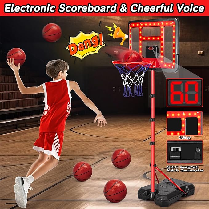 Kids Basketball Hoop Adjustable Height 3.5FT-6.2FT, Indoor & Outdoor Toddler Basketball Hoop with Scoreboard & LED, Boys Basketball Toy for 3 4 5 6 7 8 Years Gift, Portable Basketball Goals Sport Game