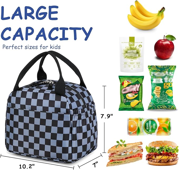 Lunch Box Kids Insulated Lunch Bag Large Reusable Leakproof Cooler Lunch Bags for Boys Girls School Travel Picnic (Gray Check)